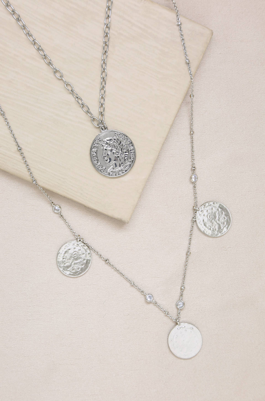 Elite Coin and Crystal Layered Necklace Set in Rhodium